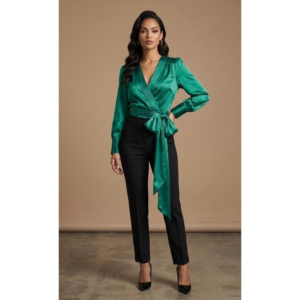 Diane von Furstenberg Silk Wrap Blouse Emerald Green Size 4 DVF Top